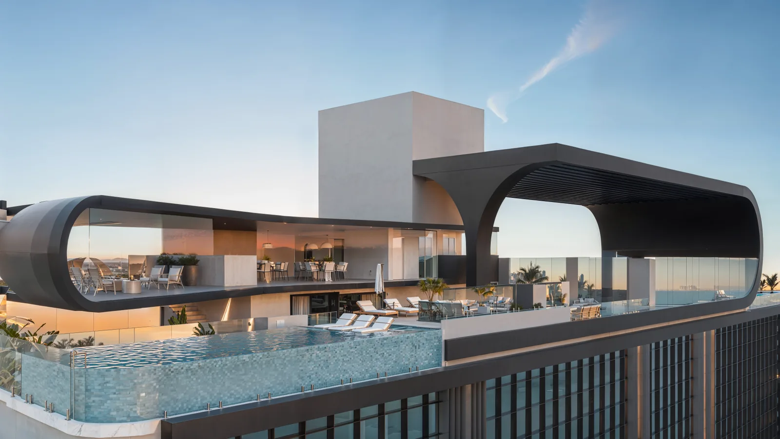 Rooftop com piscina de borda infinita e arquitetura icônica do Balas Tower