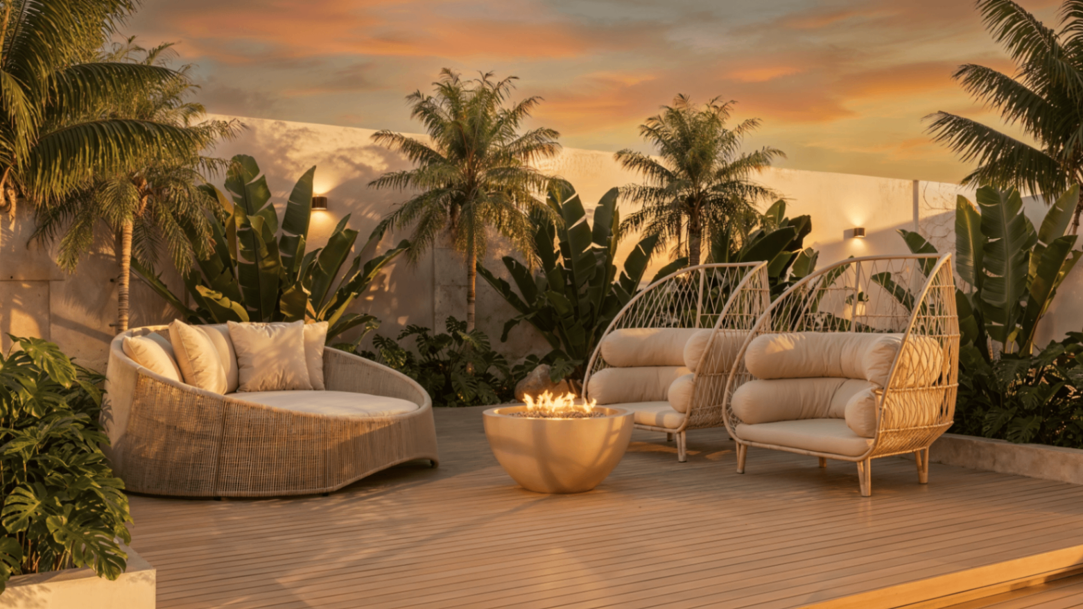 Lounge externo com praça de fogo do Balas Tower
