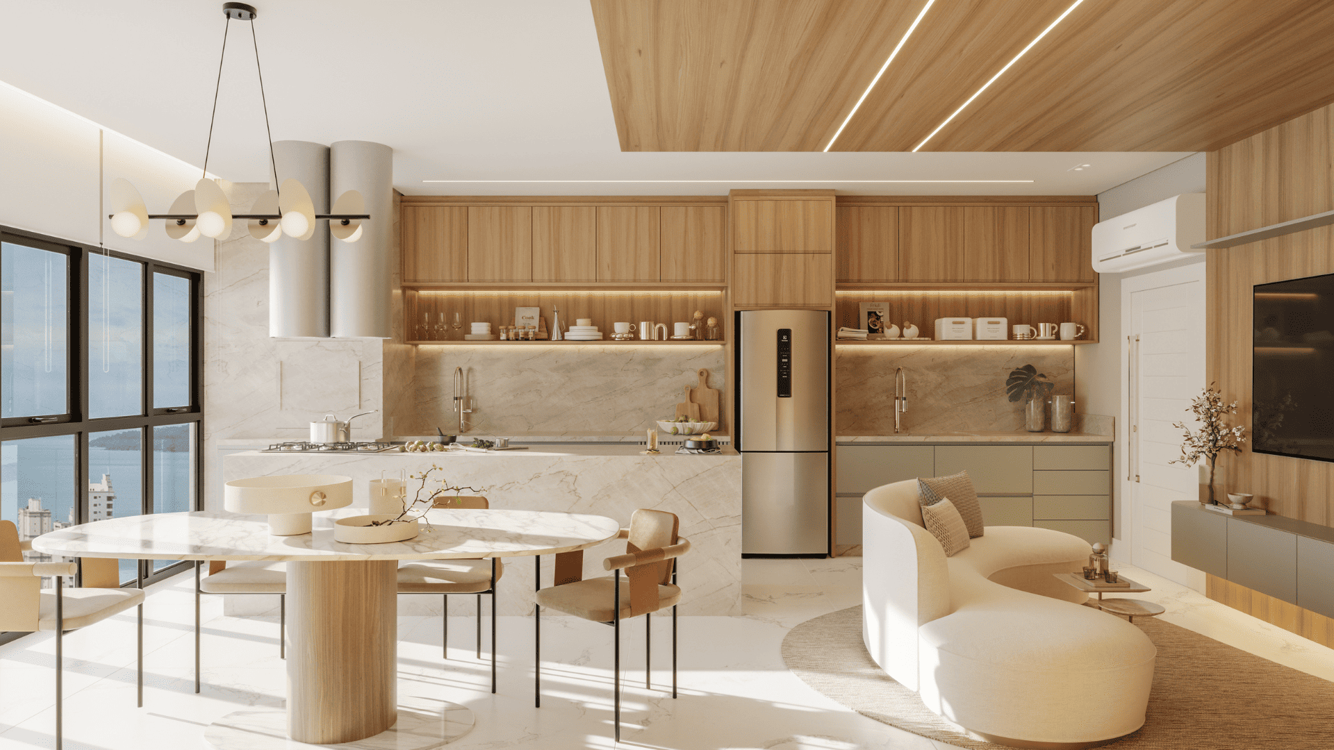 Living integrado com cozinha de alto padrão do Balas Tower