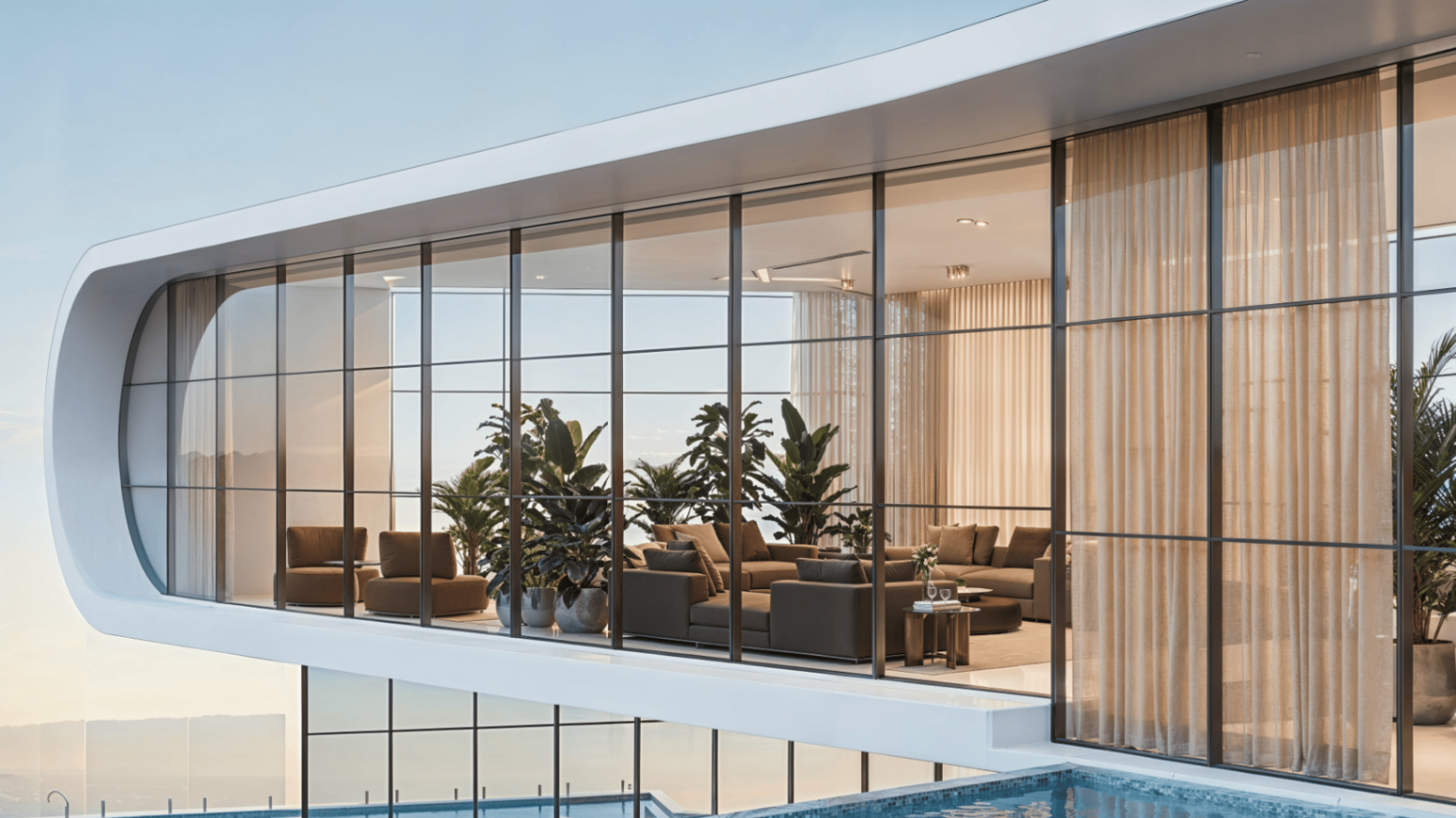 Lounge panorâmico com fachada curva do Balas Tower